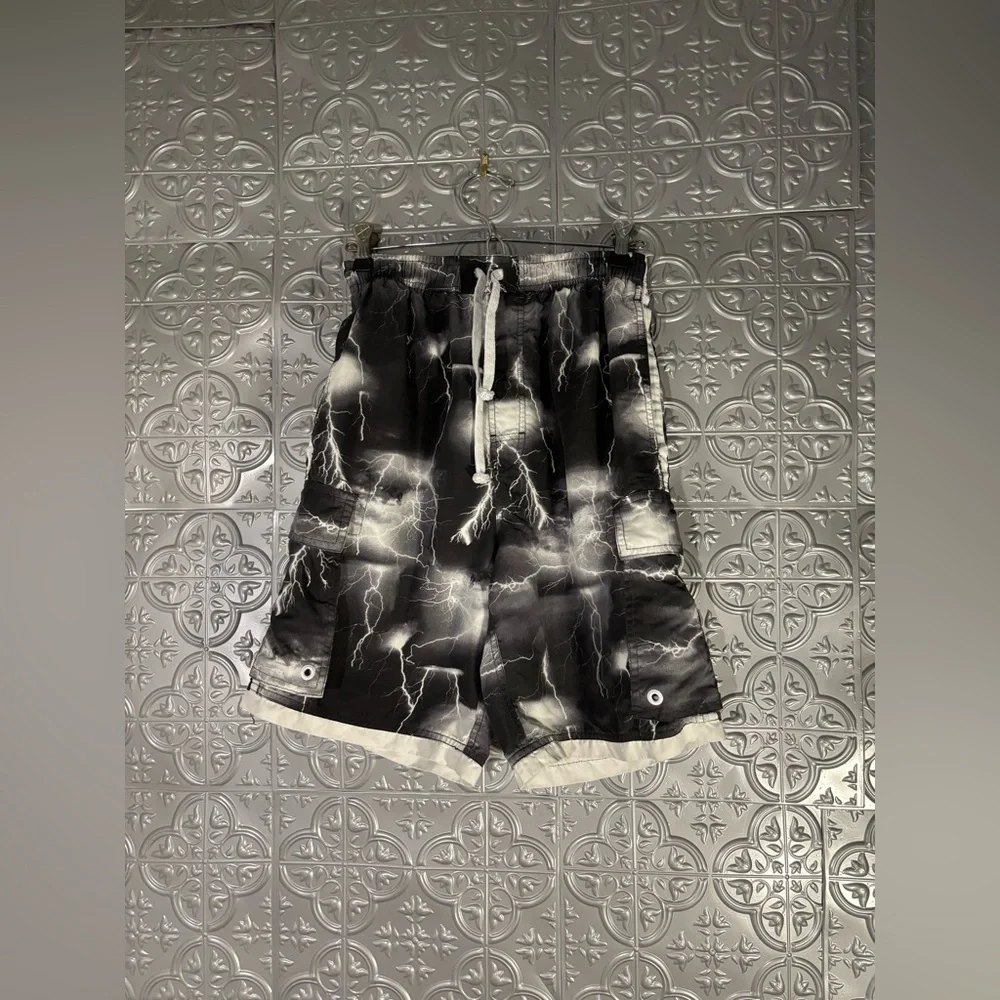 Outlooks Y2K 90s mens Black Swim Trunks shorts grey lightning print Board Shorts